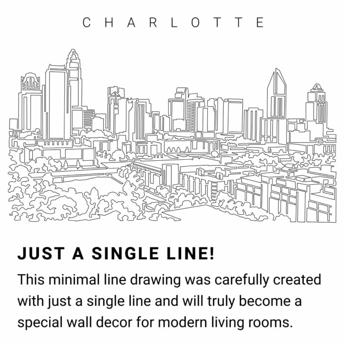 Charlotte NC Skyline Continuous Line Drawing Art Work