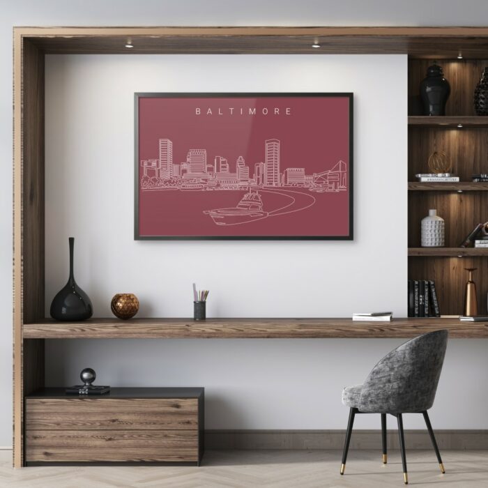 Framed Baltimore Skyline Wall Art for Home Office - Dark