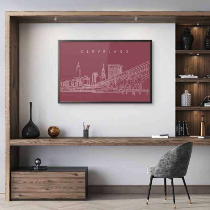 Framed Cleveland Skyline Wall Art for Home Office - Dark