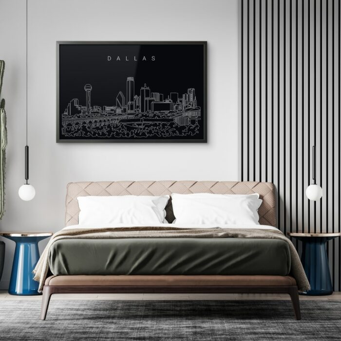 Framed Dallas TX Skyline Wall Art for Bed Room - Dark