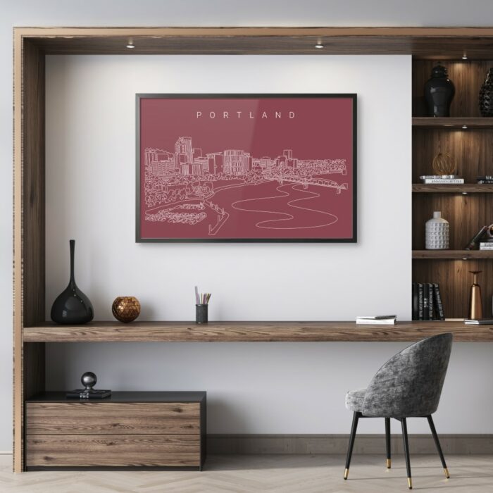 Framed Portland Skyline Wall Art for Home Office - Dark
