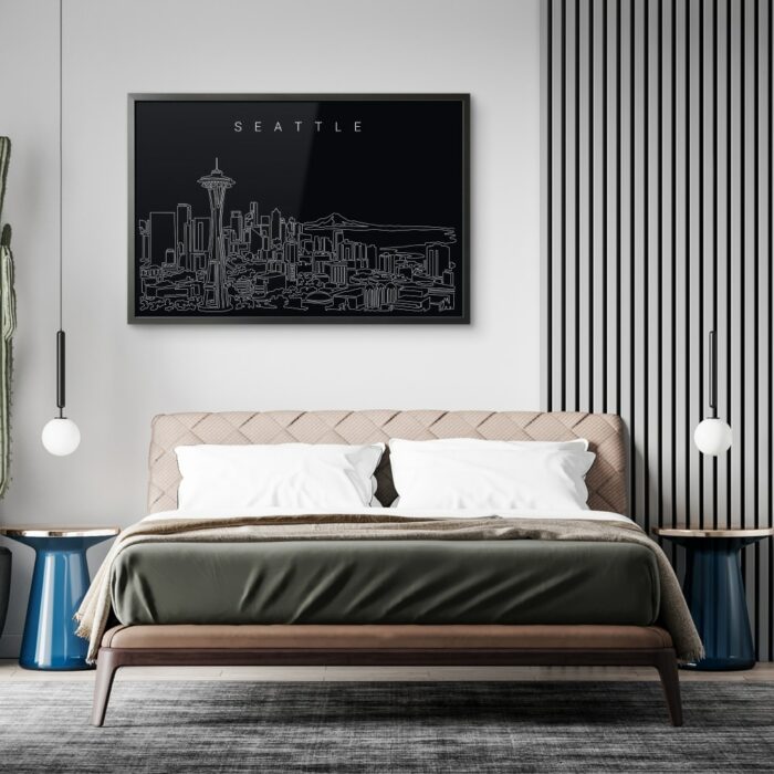 Framed Seattle Skyline Wall Art for Bed Room - Dark