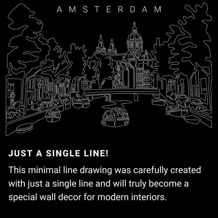 Amsterdam Skyline One Line Drawing Art - Dark