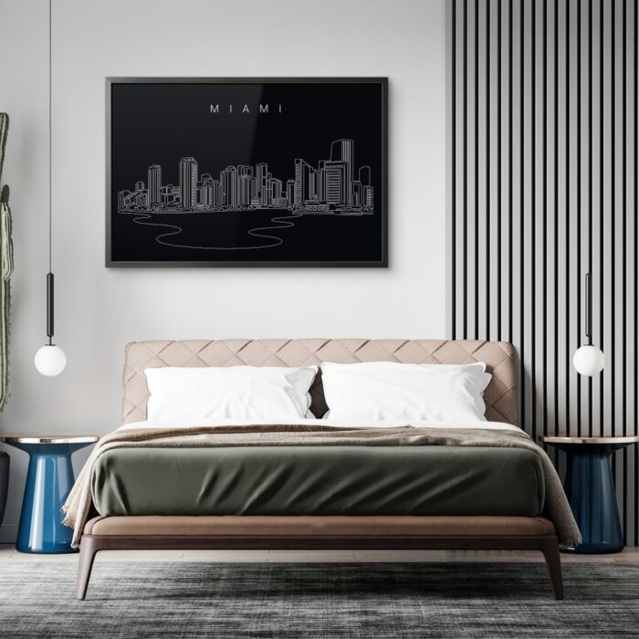 Framed Miami Skyline Wall Art for Bed Room - Dark