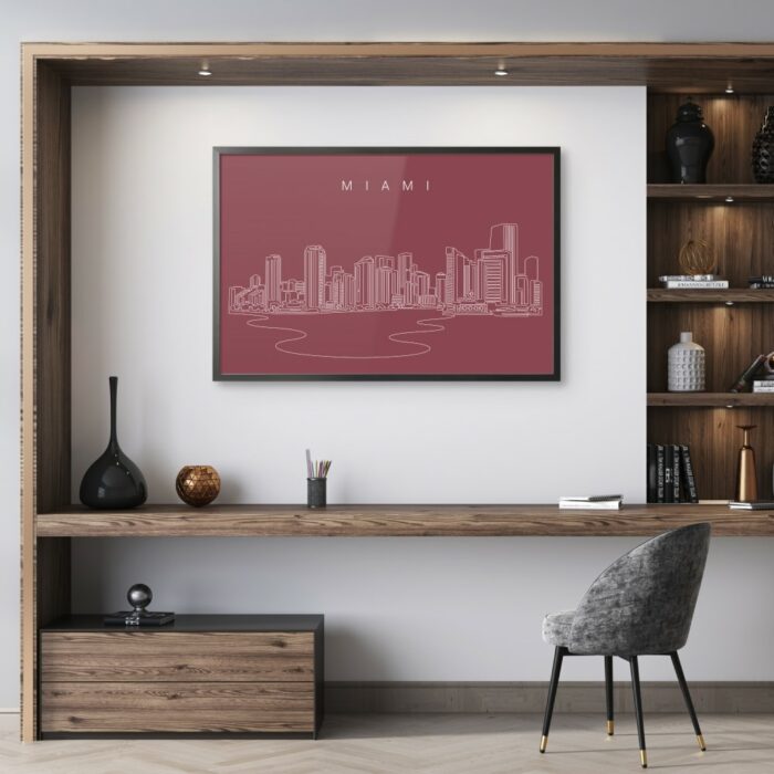 Framed Miami Skyline Wall Art for Home Office - Dark