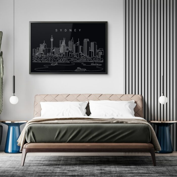 Framed Sydney Skyline Wall Art for Bed Room - Dark