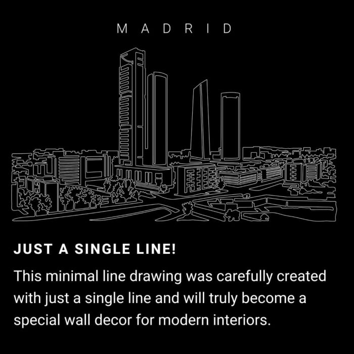 Madrid Skyline One Line Drawing Art - Dark