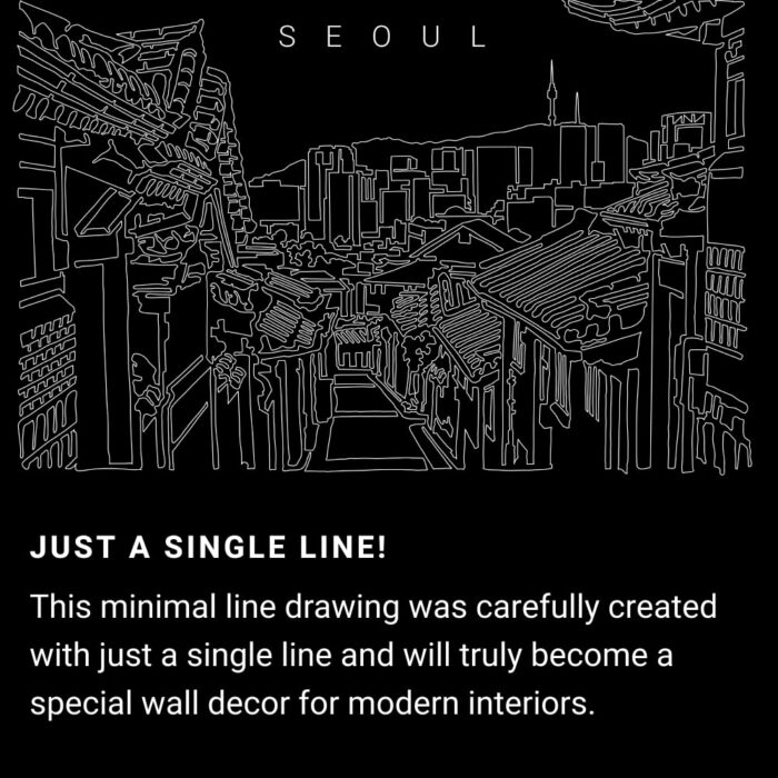 Seoul Korea One Line Drawing Art - Dark
