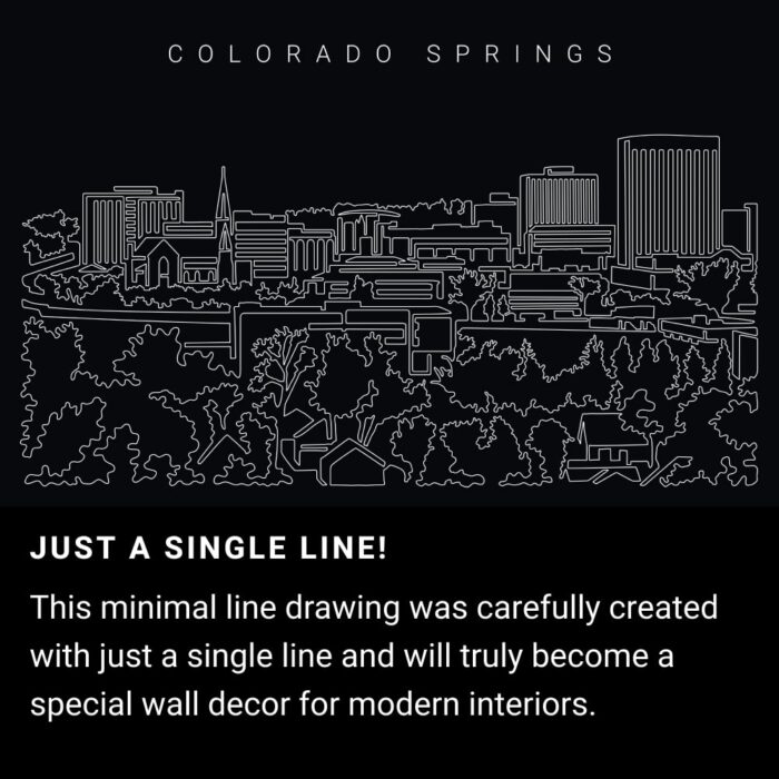 Colorado Springs Skyline One Line Drawing Art - Dark