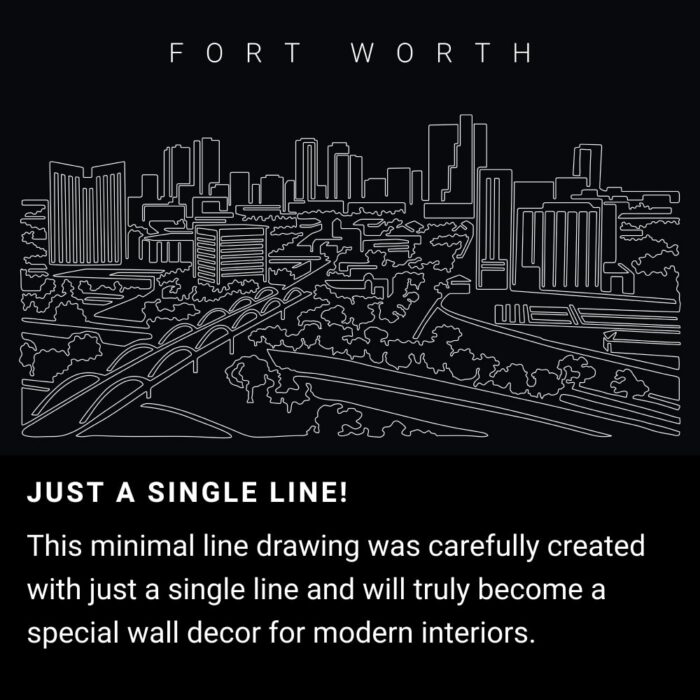 Forth Worth Skyline One Line Drawing Art - Dark