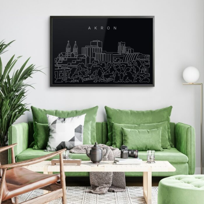 Framed Akron Skyline Wall Art for Living Room - Dark