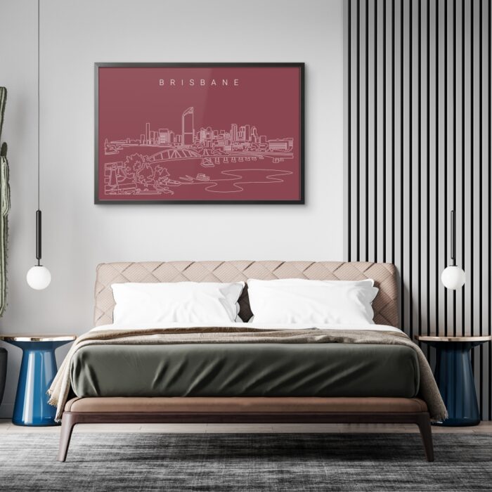 Framed Brisbane Skyline Wall Art for Bed Room - Dark
