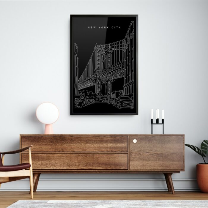 Framed Manhattan Bridge Wall Art Home Decor - Portrait - Dark