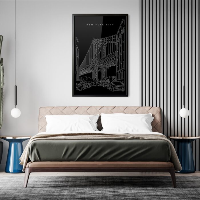 Framed Manhattan Bridge Wall Art for Bed Room - Portrait - Dark