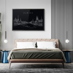 Framed Zurich Skyline Wall Art for Bed Room - Dark