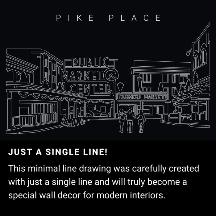 Pike Place Market One Line Drawing Art - Dark