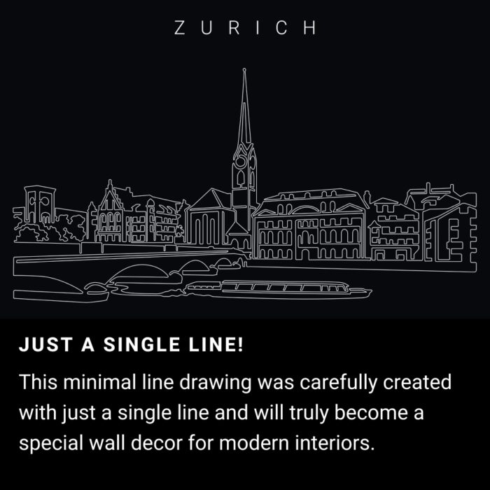 Zurich City One Line Drawing Art - Dark