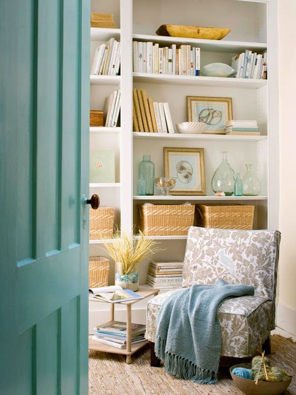 how to style a bookcase storage baskets