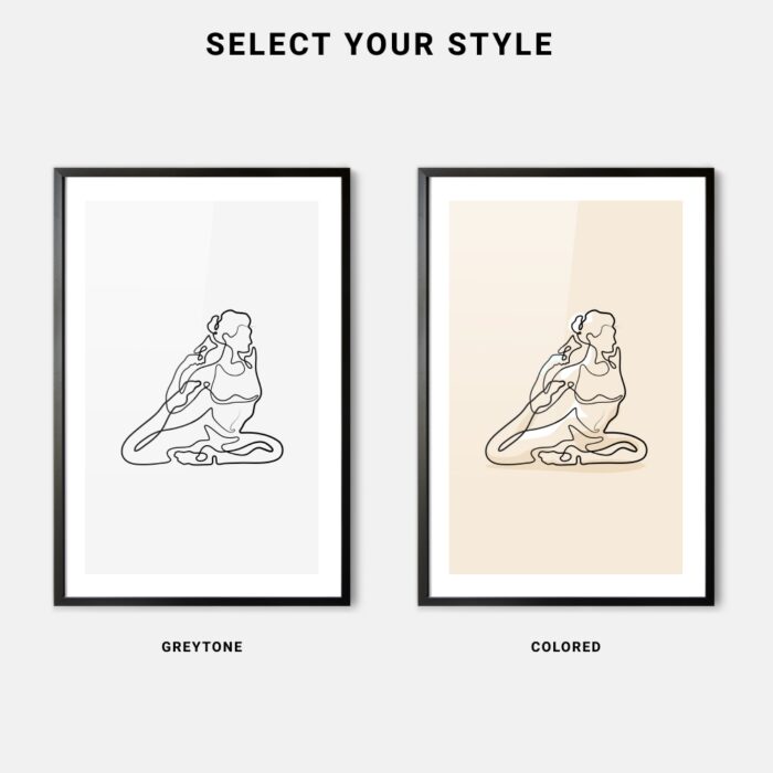 King Pigeon Yoga Pose Line Art - Framed Art Print - Color Style