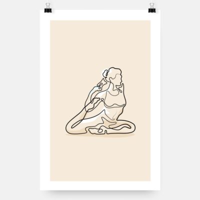 Yoga Line Art Print with King Pigeon Pose - Colored - Portrait