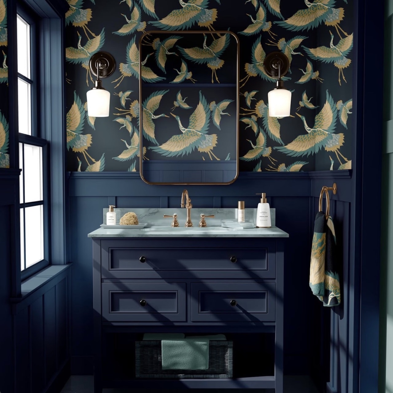 art deco bathroom interior design blue birds wallpaper