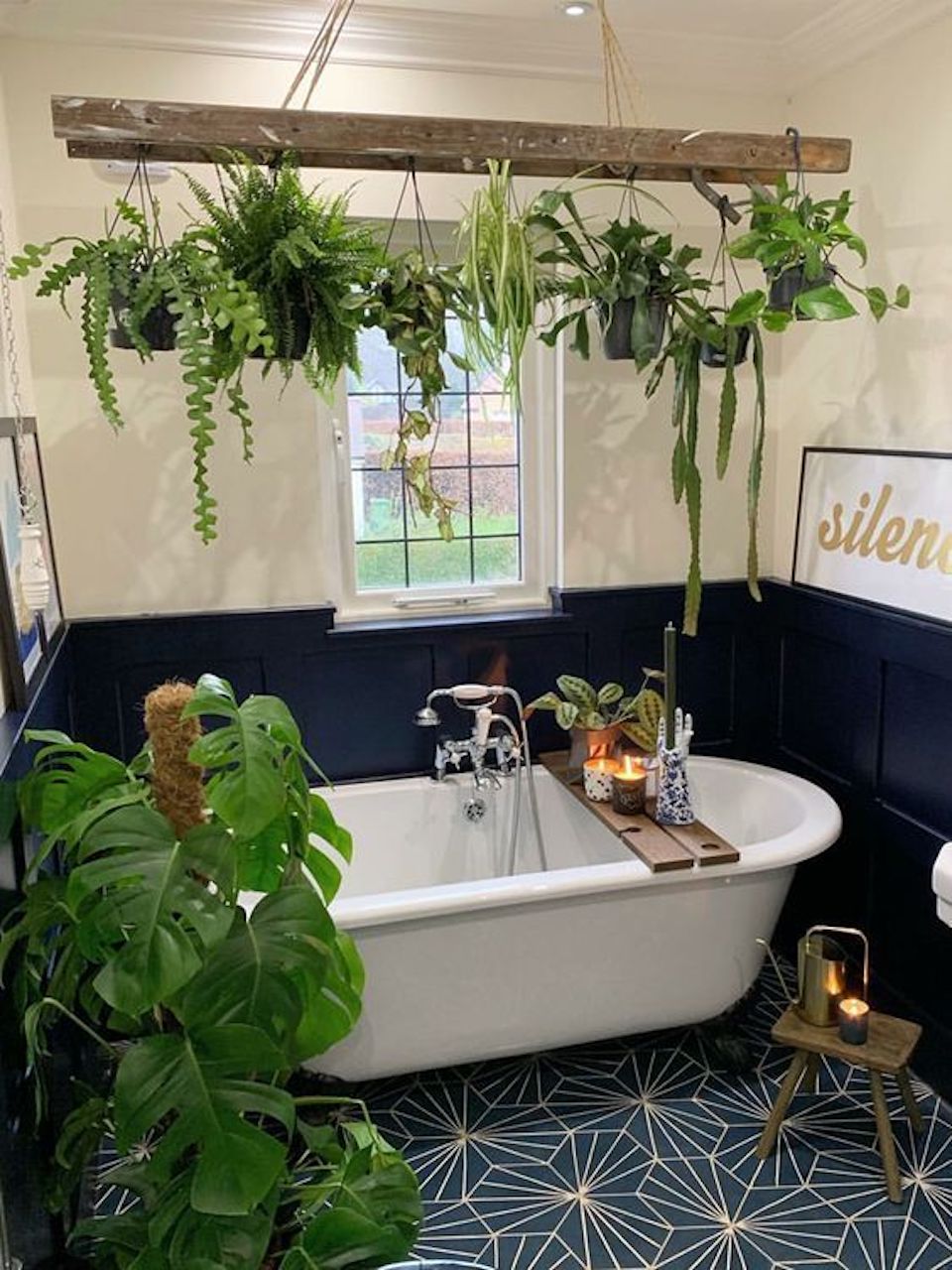 art deco bathroom interior design hanging plants