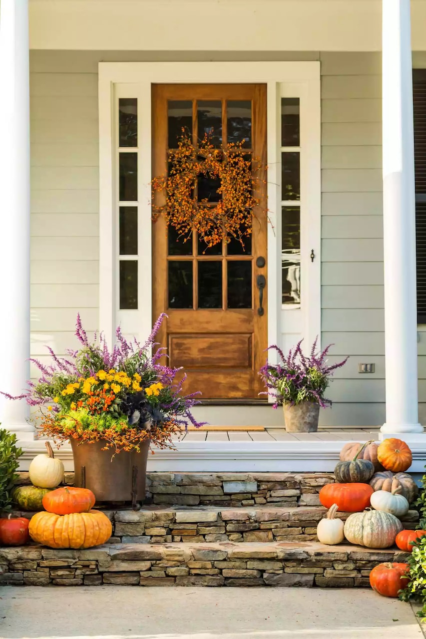 fall wreaths welcoming entry