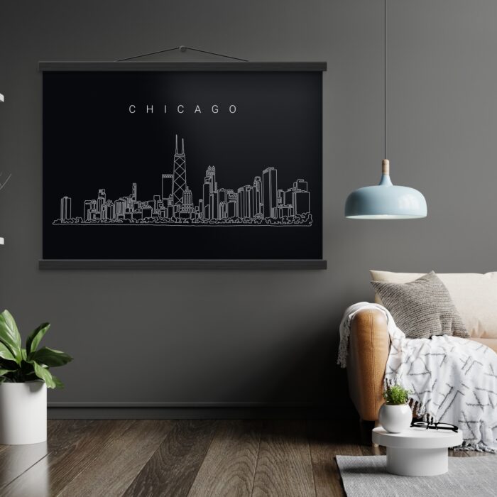 Chicago Skyline Wall Art with Magnetic Wood Hanger - Living Room - Dark