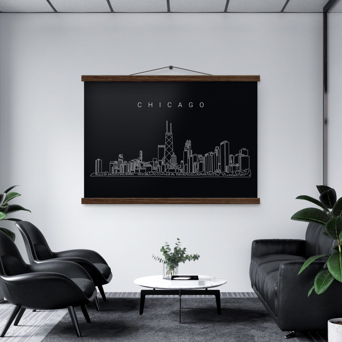 Chicago Skyline Wall Art with Magnetic Wood Hanger - Office - Dark