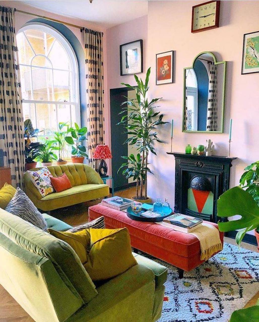 maximalism interior design green pink living room