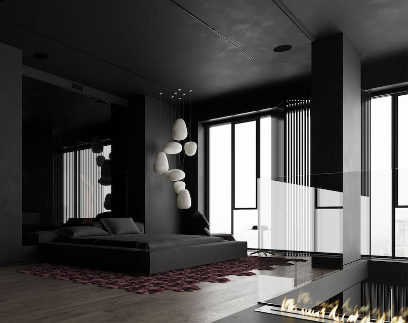 Black Luxury Bedroom Modern Fireplace