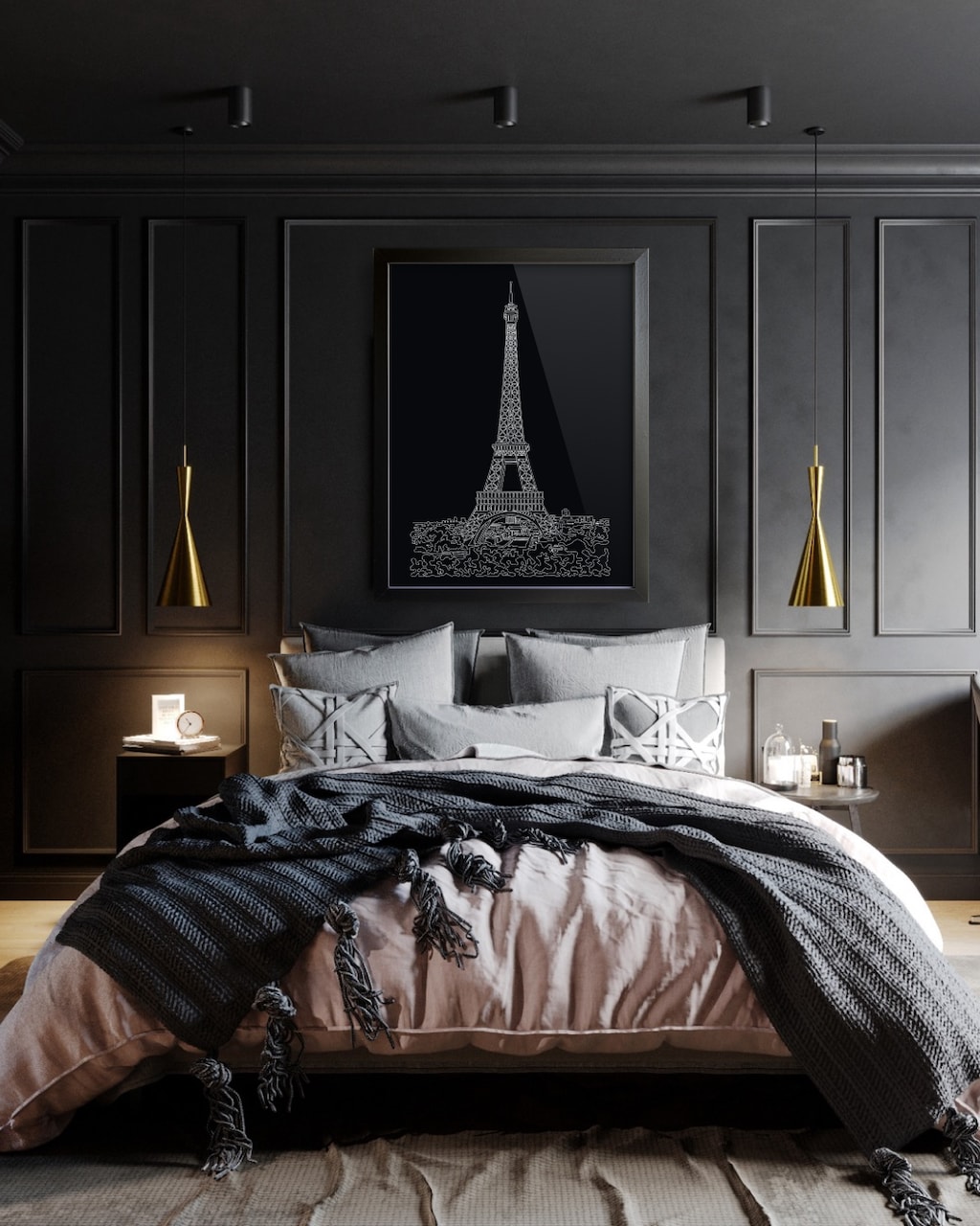 Black Luxury Bedroom Paris EverlineArt One Line Drawing