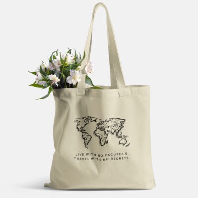 Travel Tote Bag with world map line art - Oyster - Main