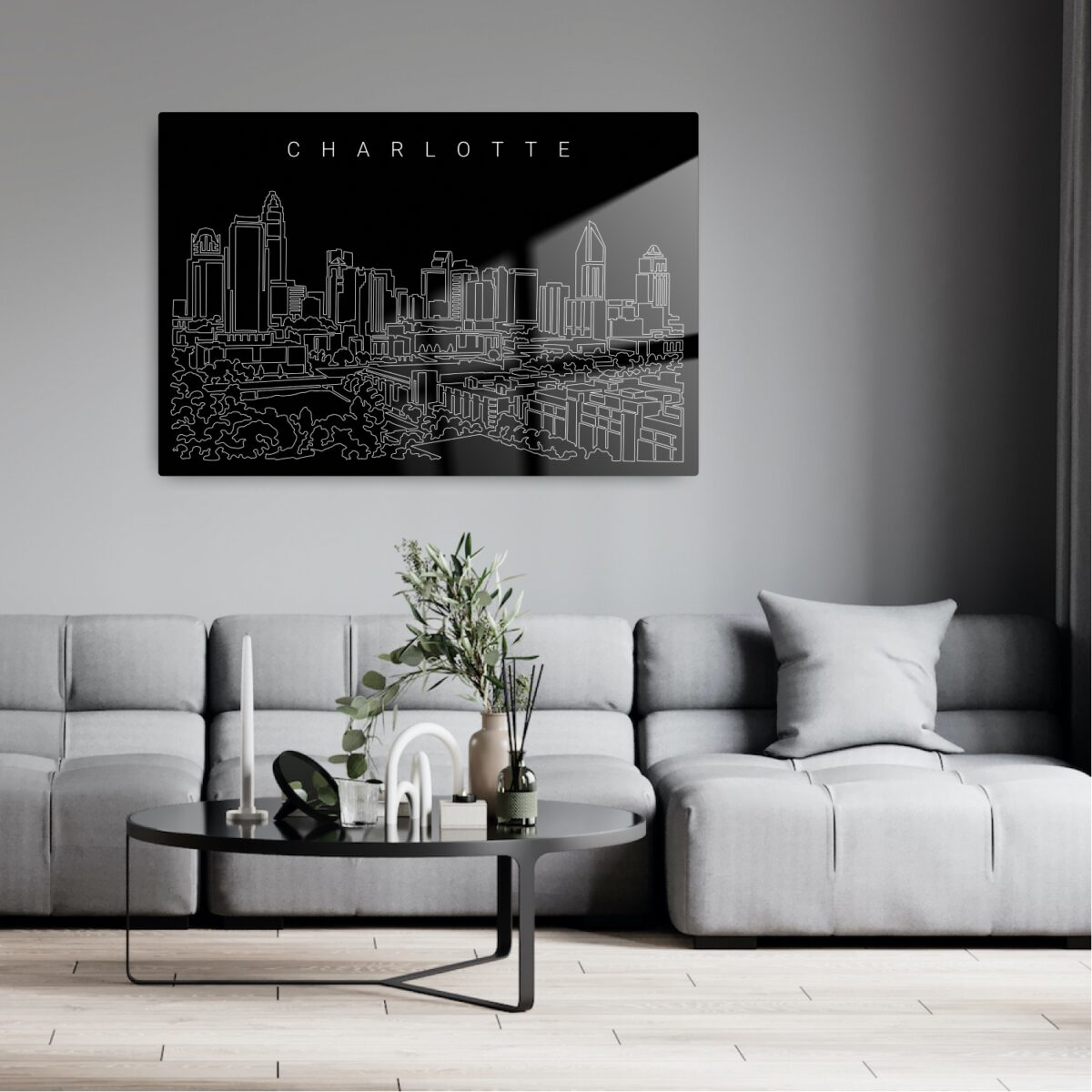 Charlotte NC Line Art Metal Print - Living Room - Dark