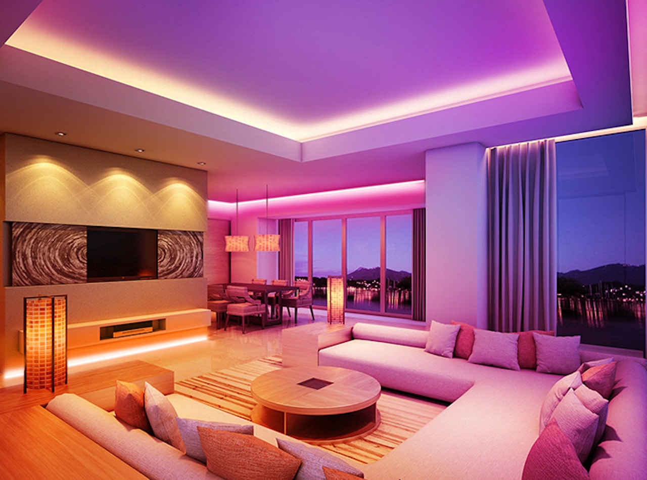 classy led room aesthetic strip lights purple orange living room