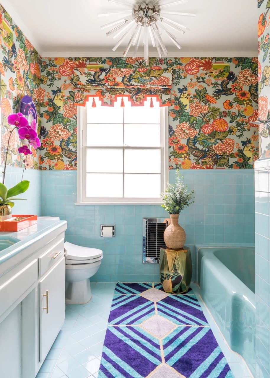 colorful eclectic home decor blue tile bathroom