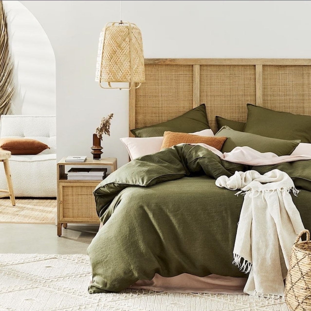cozy earthy bedroom green linen bedding