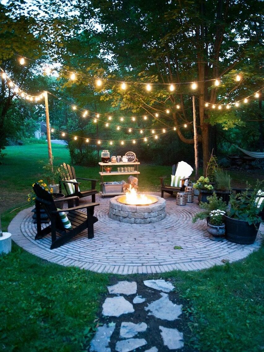 home outdoor oasis ideas firepit bistro lights edited