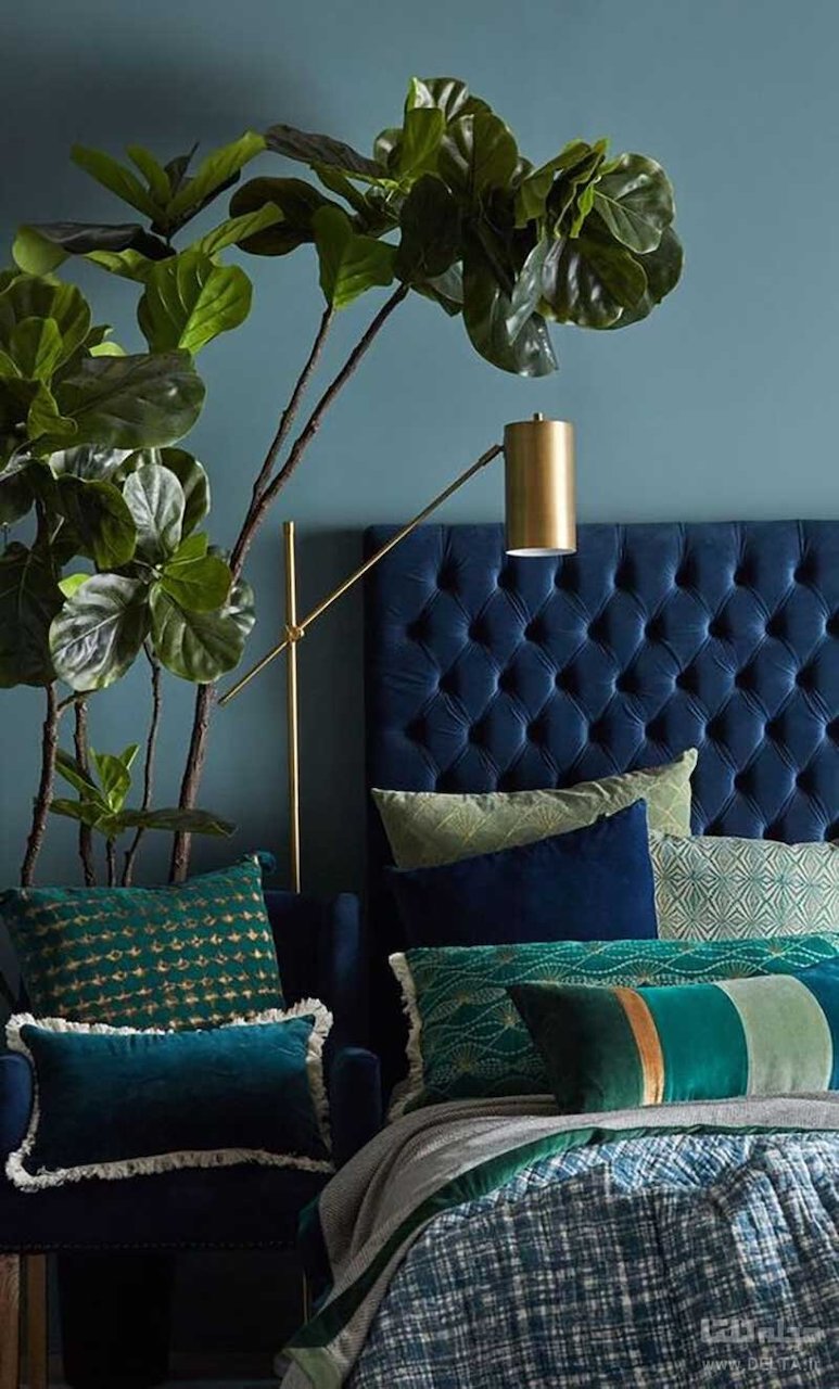unexpected color combinations interior design home navy blue green bedroom headboard