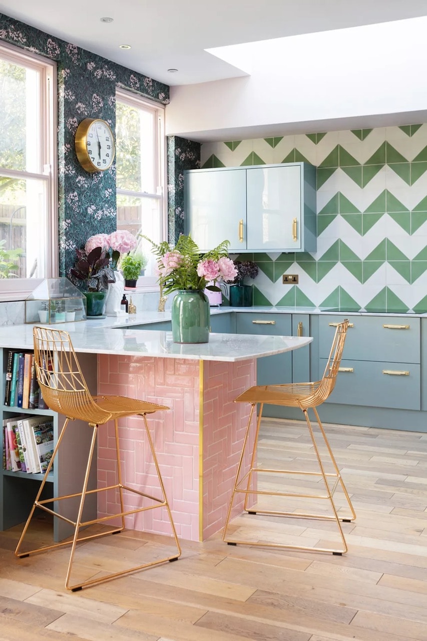 unexpected color combinations interior design home pink green kitchen counter