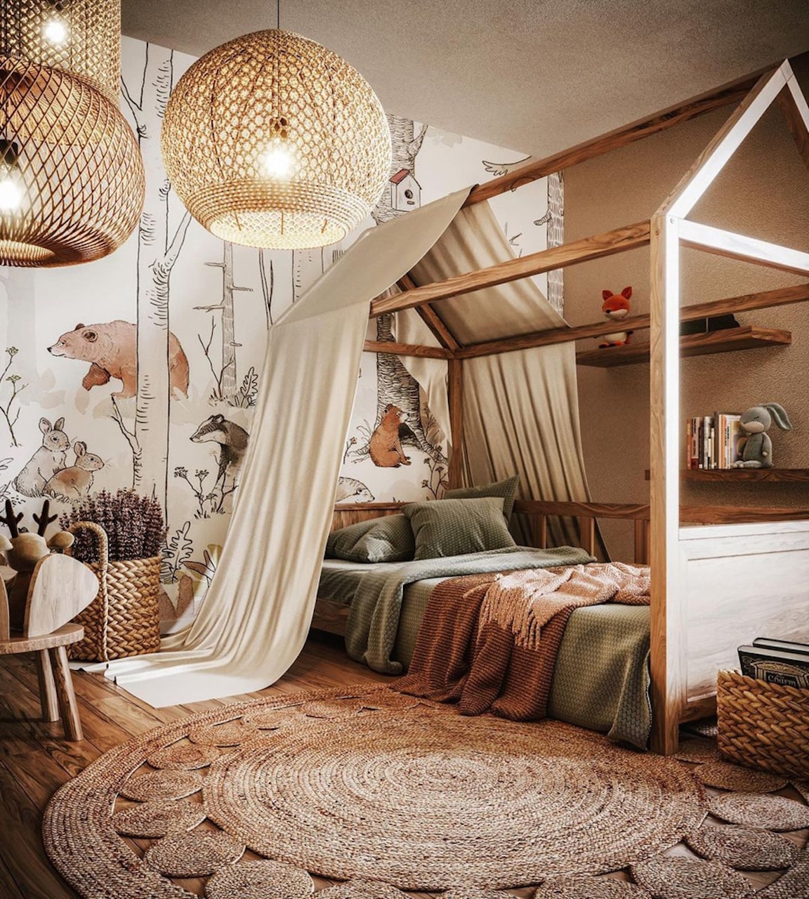 fall bedroom decor ideas for kids cabin bedframe woodland wallpaper