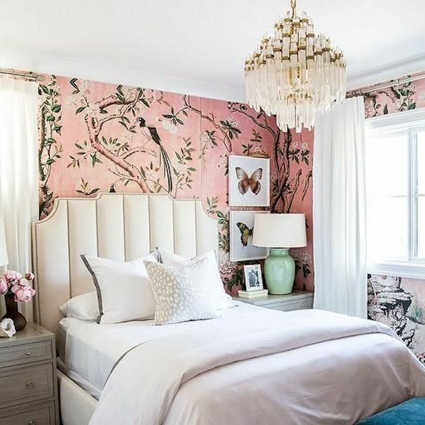 art deco bedroom ideas inspiration chandelier pink wallpaper edited
