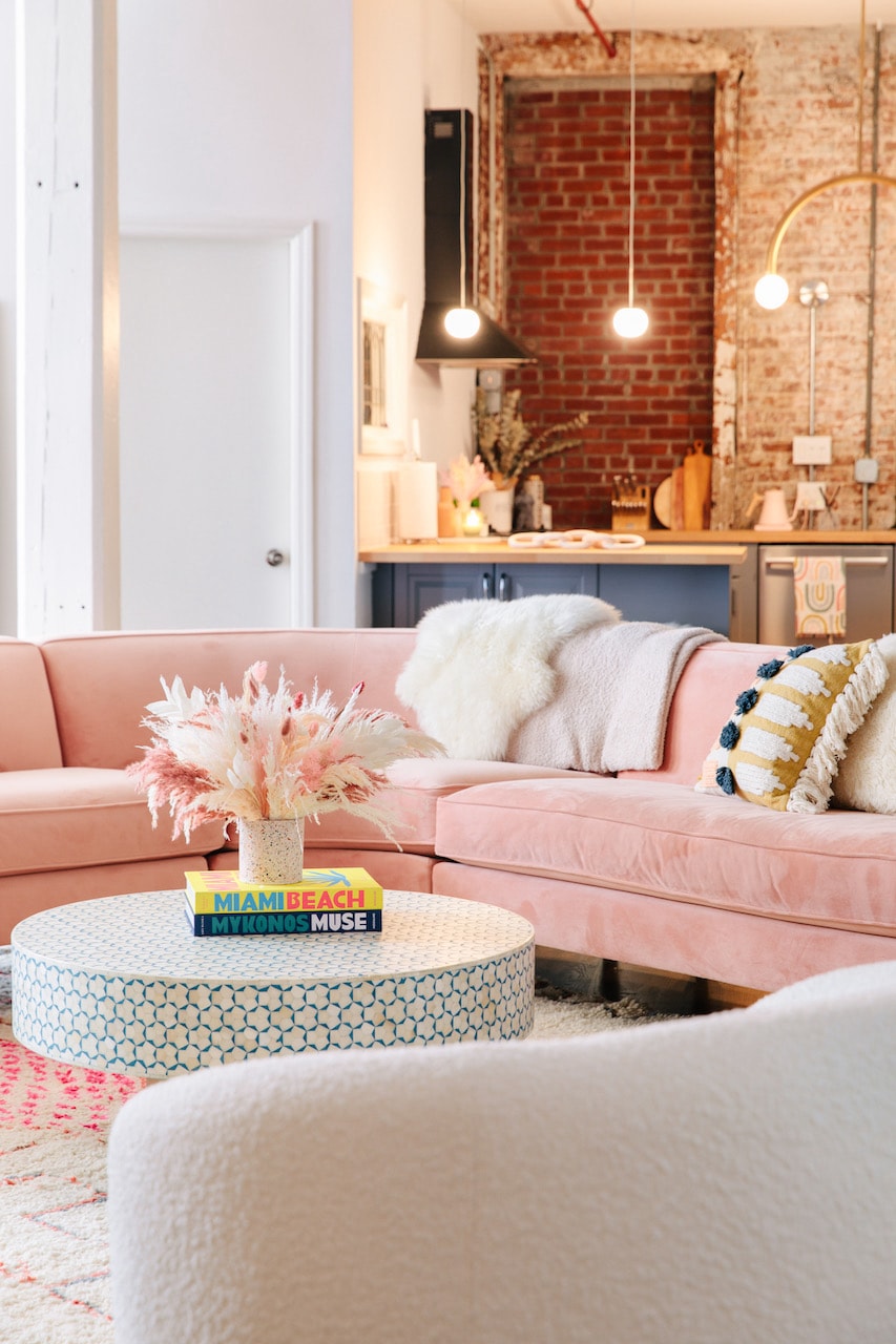 how to design with peach fuzz pantone color of the year 2024 interior design upholstery furniture couch living room