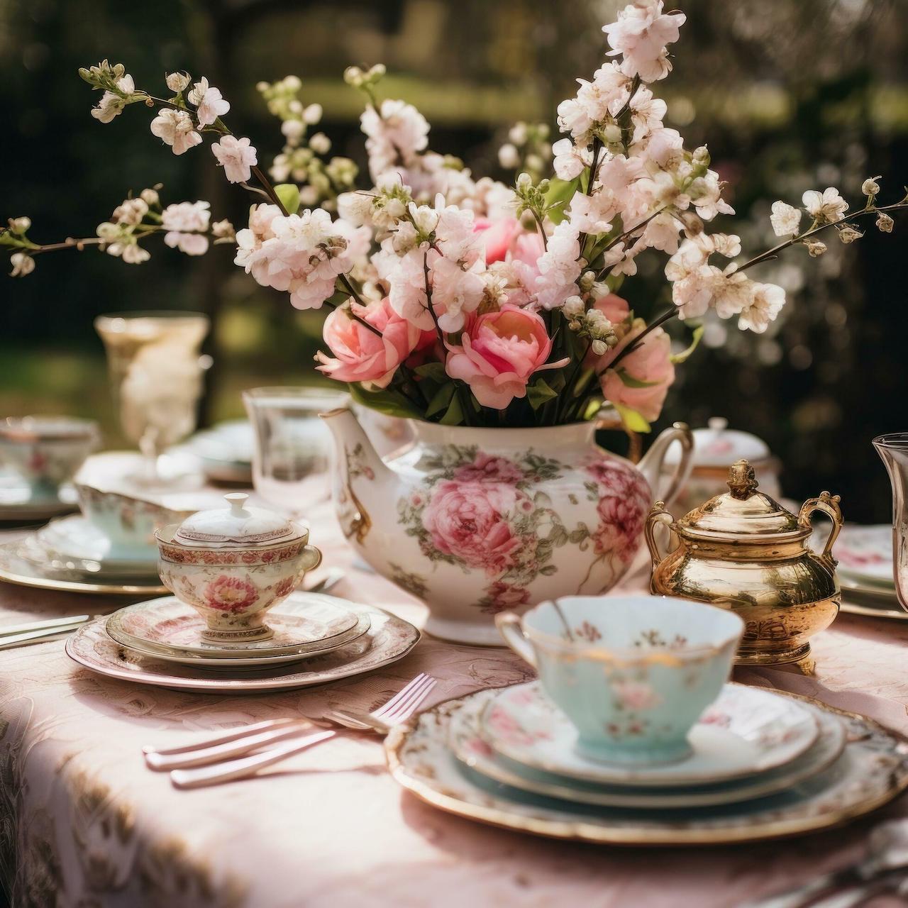 tea party table ideas tablescape vintage floral plates teacups
